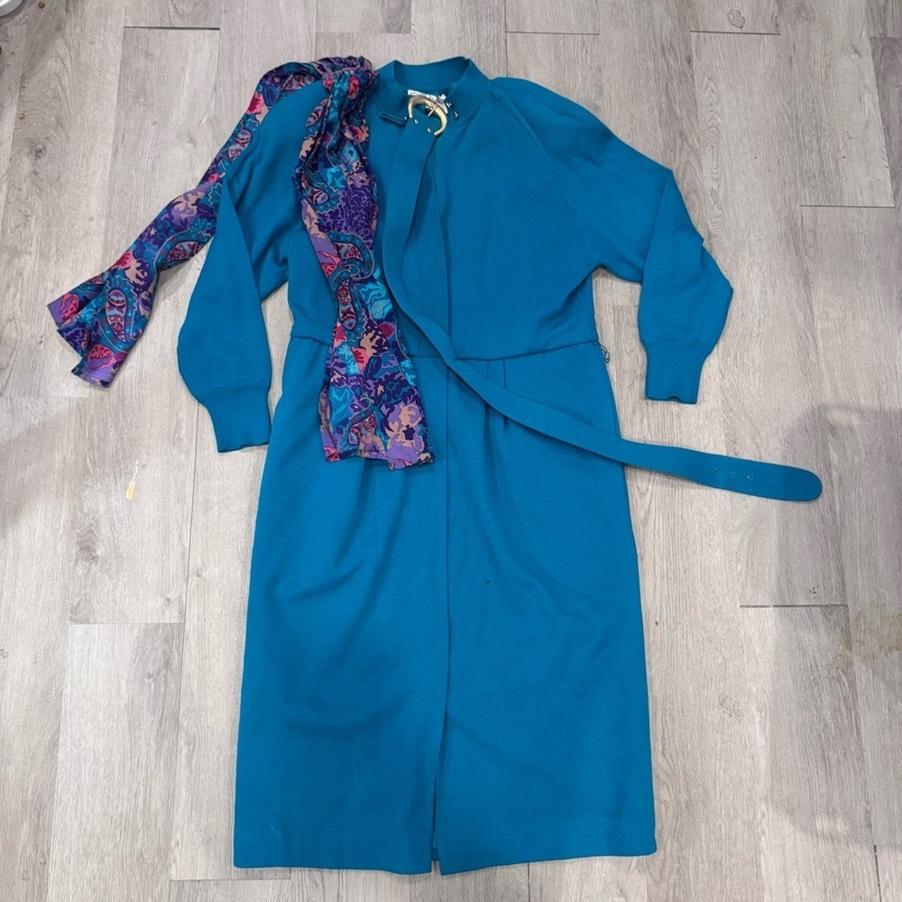 Caio Ltd Hong Kong 100% Wool Vintage Knee Length Long Sleeve Dress W/belt Sz 12
